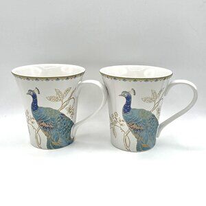 222 Fifth Peacock Garden Art Nouveau Style Cup Teal Gold Floral Overlay Set of 2